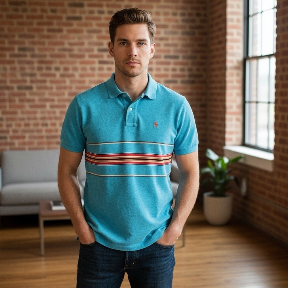 Polo Ralph Lauren Shirt Men's Medium M Turquoise Striped Cotton Southwest Serape